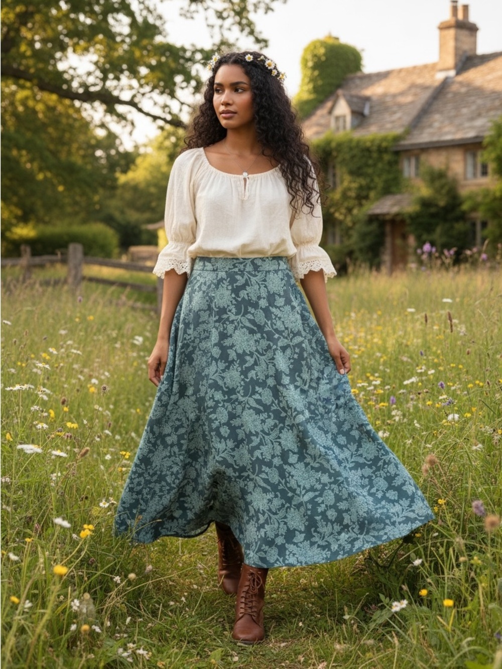 Cottagecore Forest Green A-Line Skirt with Pale Mint Floral Print